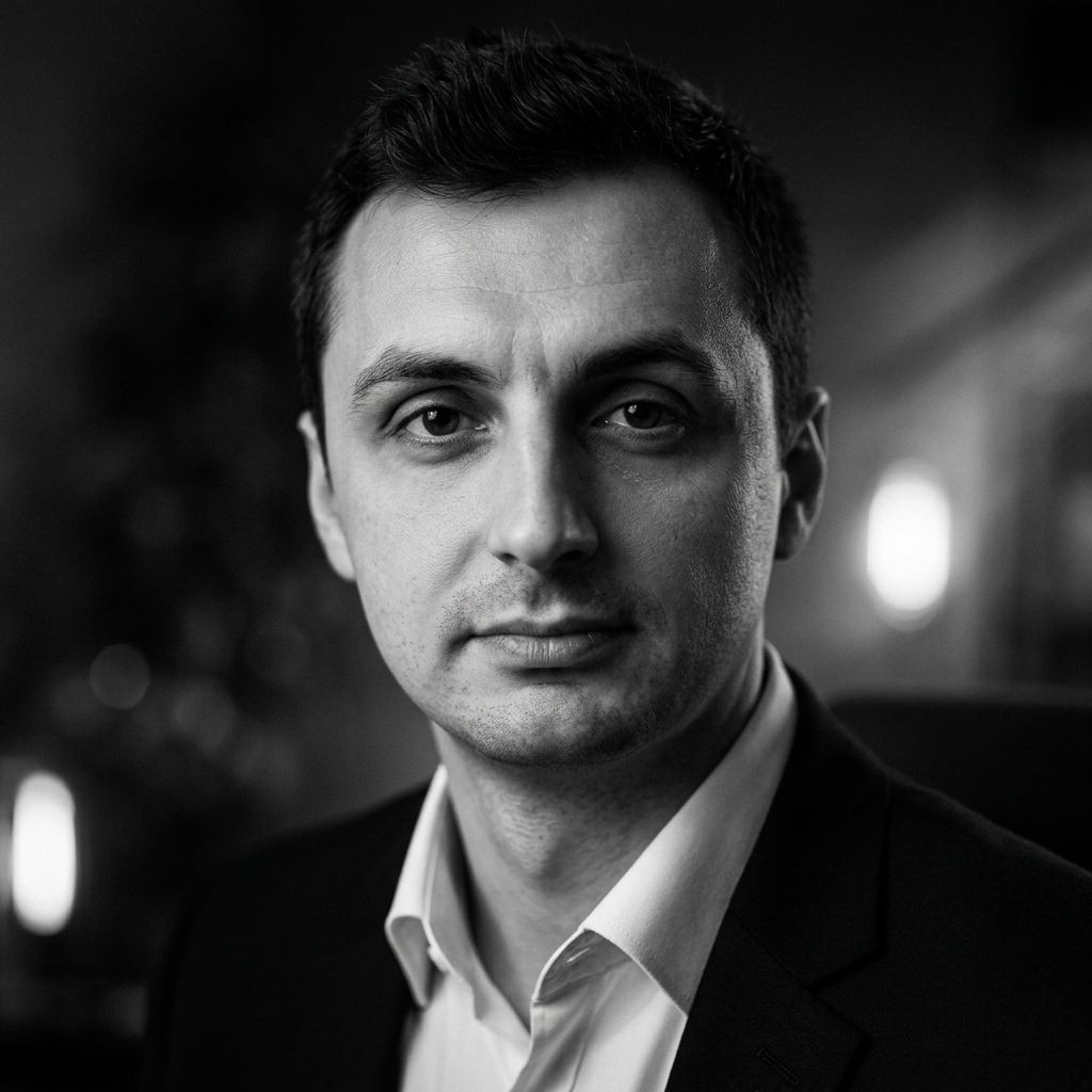 Артём Котов — AI-разработчик из Геленджика, чёрно-белое портретное фото